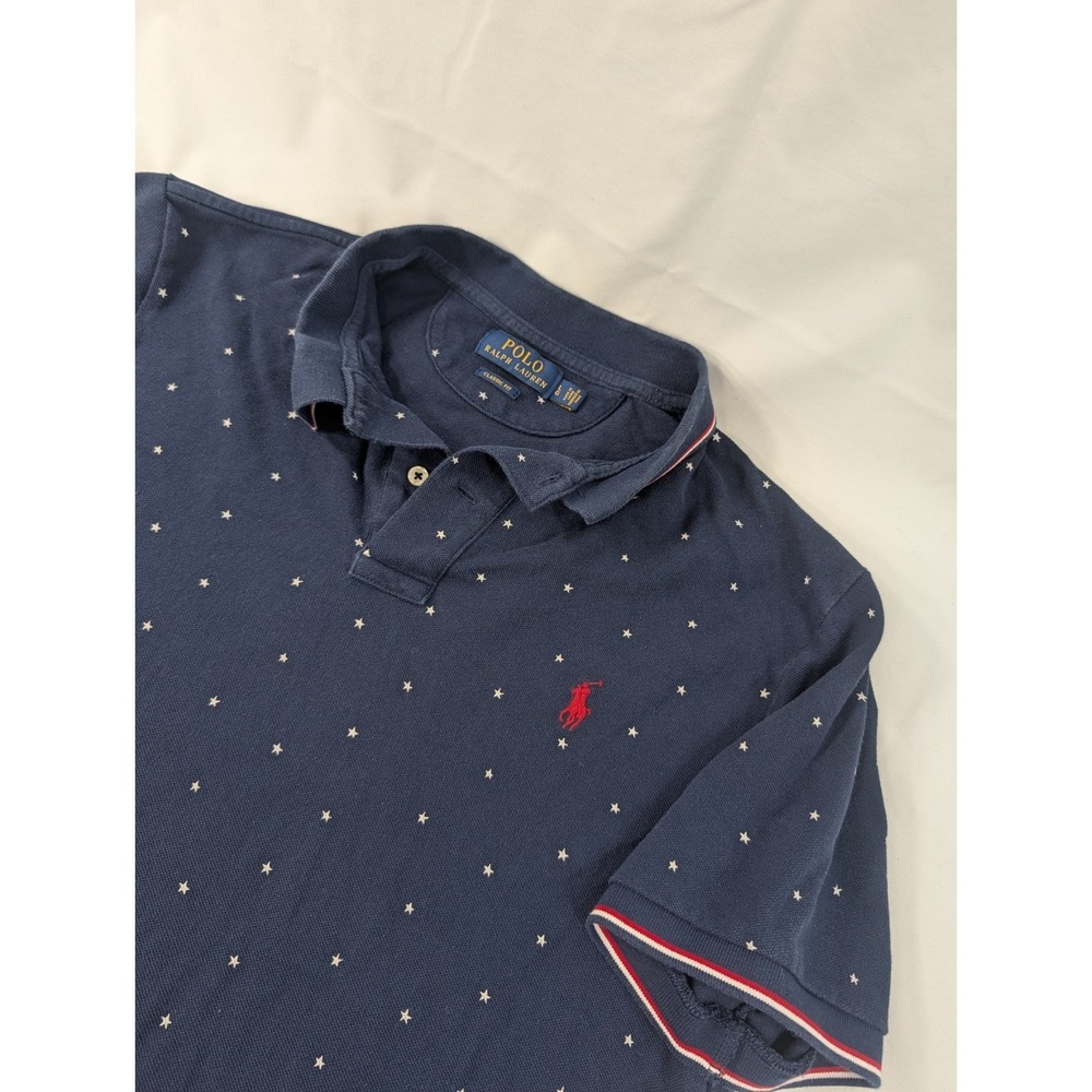 Polo Ralph Lauren Men Polo Shirt Large Blue Star Print Short Sleeve Classic Fit